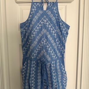 LOFT Blue and White Romper with Halter Neckline with Embroidery Detail